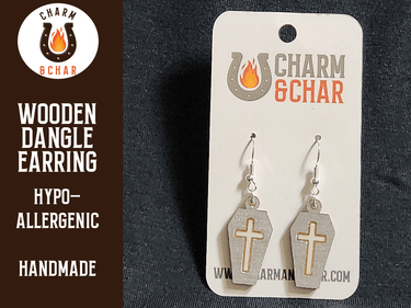 Coffin with Cross Wood Dangle Earrings - Halloween Fashion Earring - Dangle Earring - Charm and Char